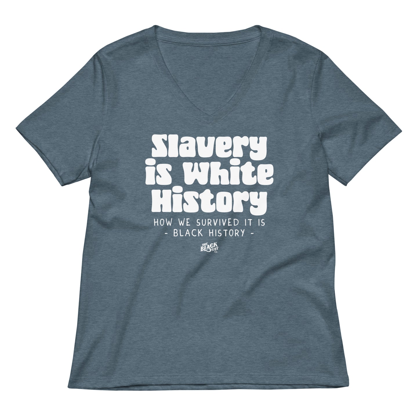 Slavery Is White History Womens V-neck in heather blue with bold white text, soft fabric and relaxed fit for casual wear.