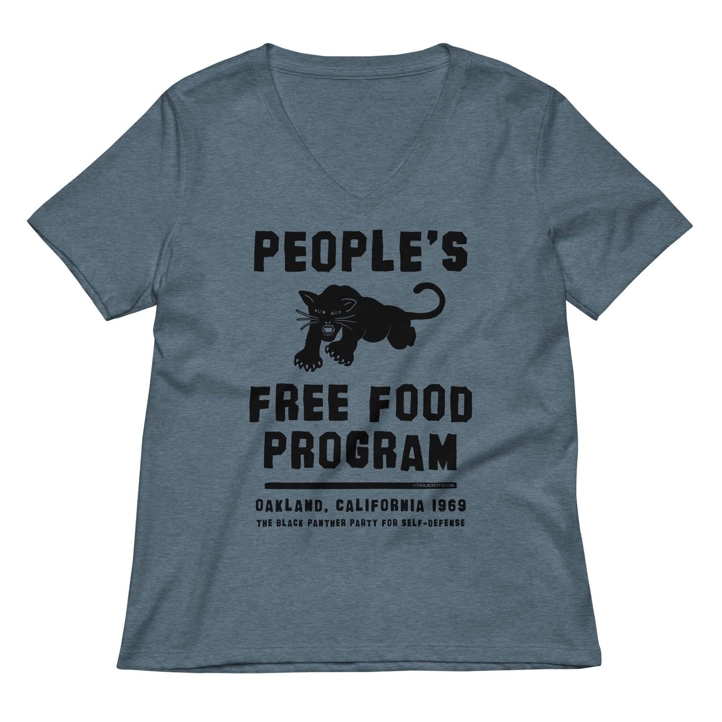 Black Panthers People's Free Food Program Women's V-neck Tee in heather blue with bold black panther graphic and Oakland 1969 text.