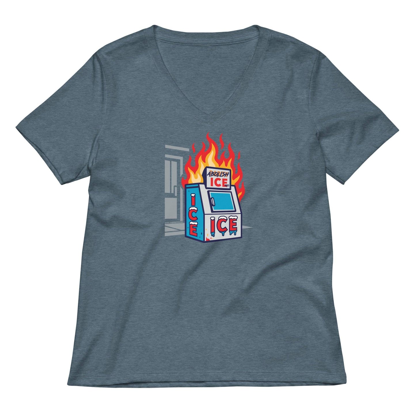 Heather blue Abolish ICE Women’s V-neck T-Shirt with bold anti-ICE message, soft cotton tee for women supporting immigrant rights.