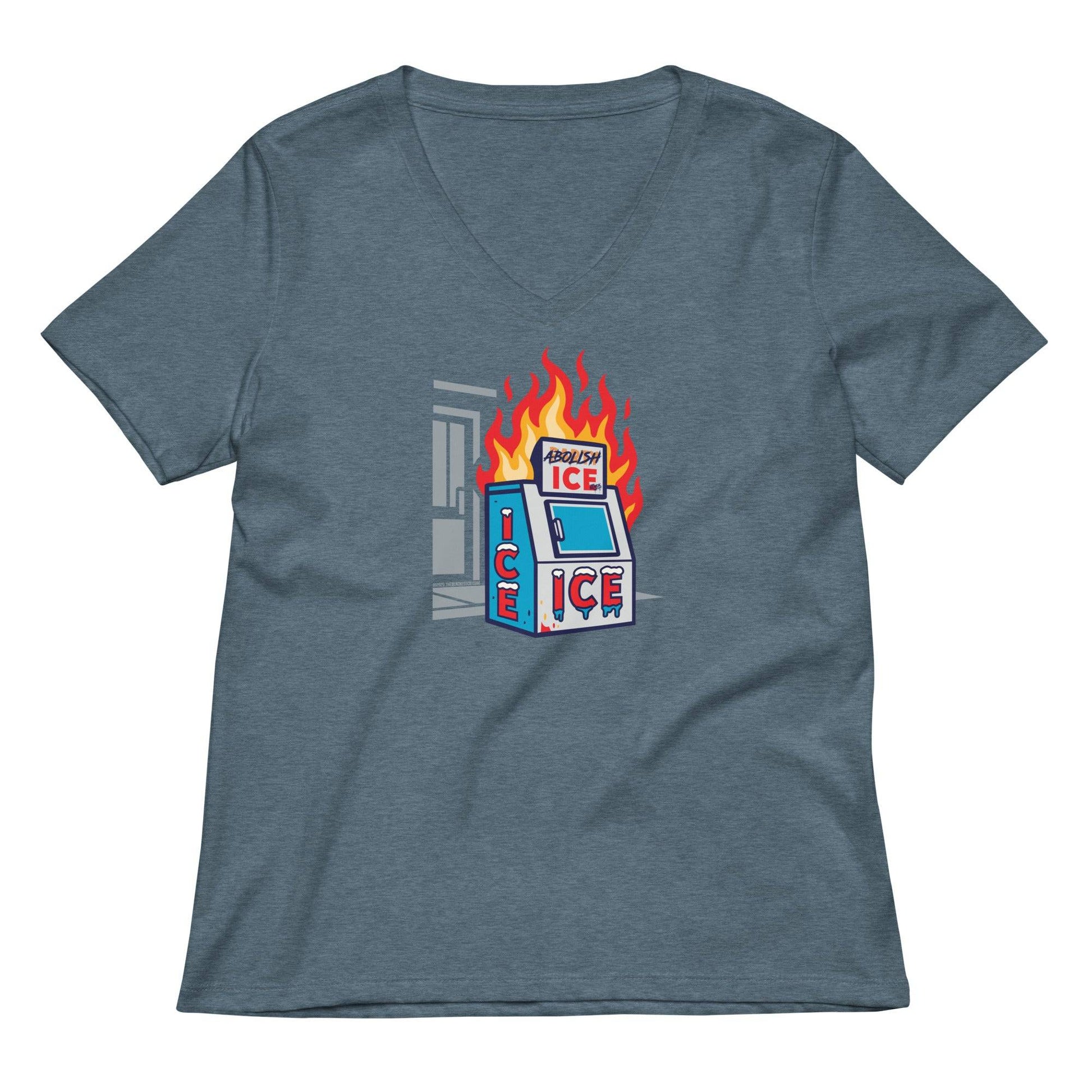 Heather blue Abolish ICE Women’s V-neck T-Shirt with bold anti-ICE message, soft cotton tee for women supporting immigrant rights.