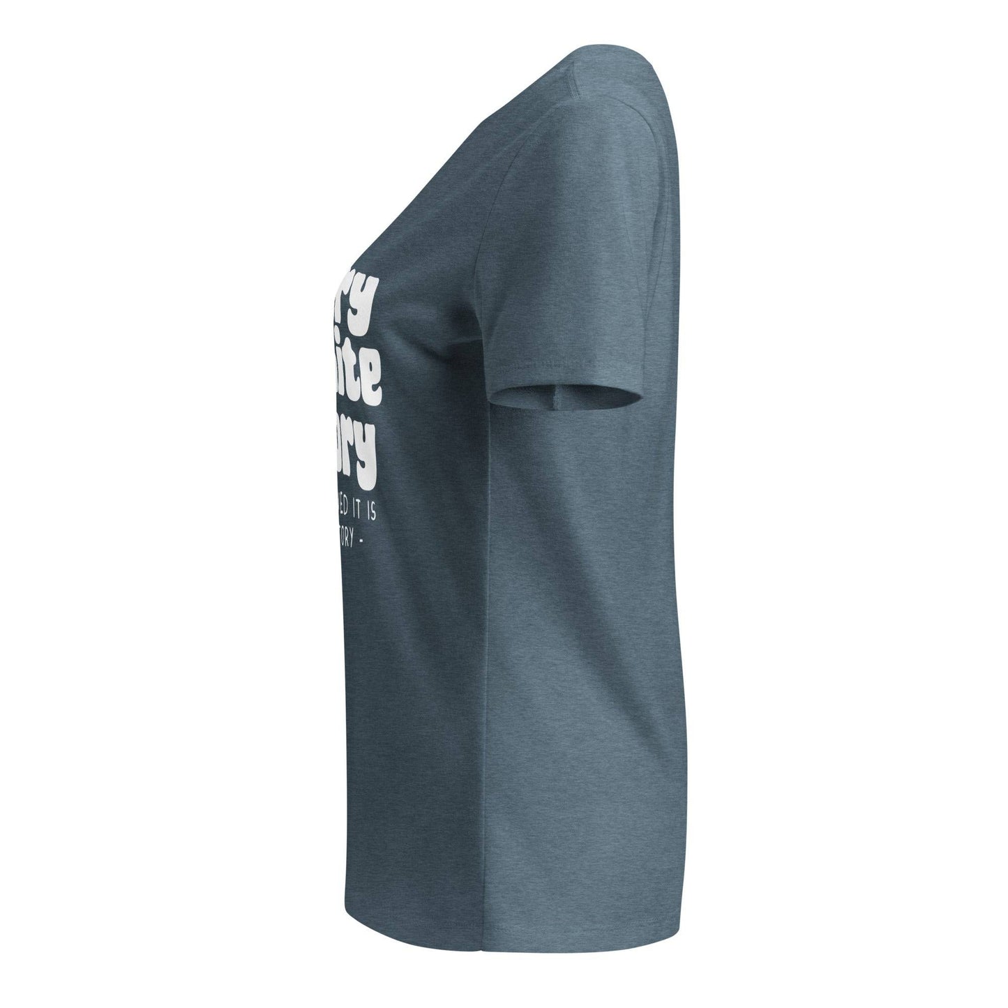 Side view of Slavery Is White History Womens V-neck in blue, showing short sleeves and flattering relaxed silhouette.