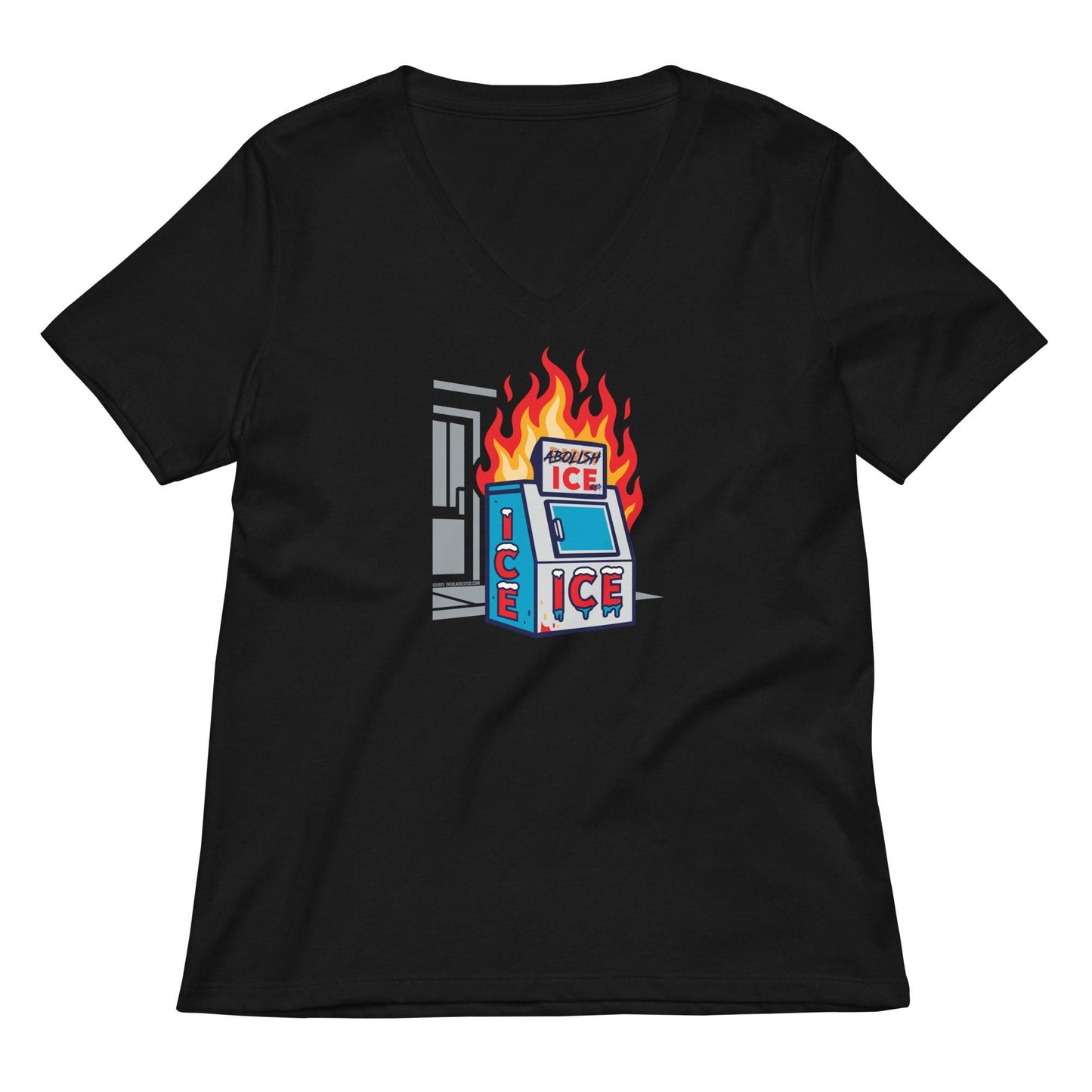 Black Abolish ICE Women’s V-neck T-Shirt with bold flaming ICE machine design, a statement tee for social justice and immigrant rights.