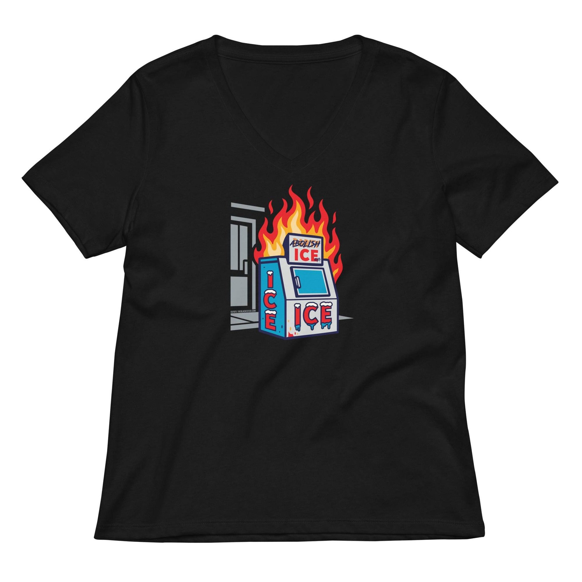 Black Abolish ICE Women’s V-neck T-Shirt with bold flaming ICE machine design, a statement tee for social justice and immigrant rights.