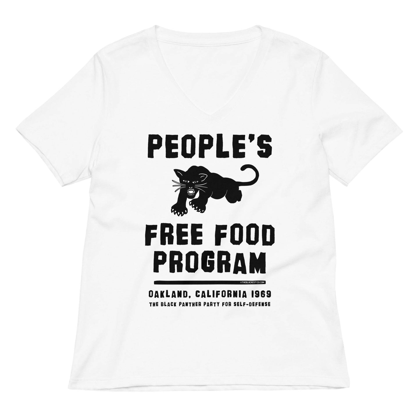 White Black Panthers People's Free Food Program Women's V-neck Tee with bold black text and panther logo, celebrating cultural heritage.