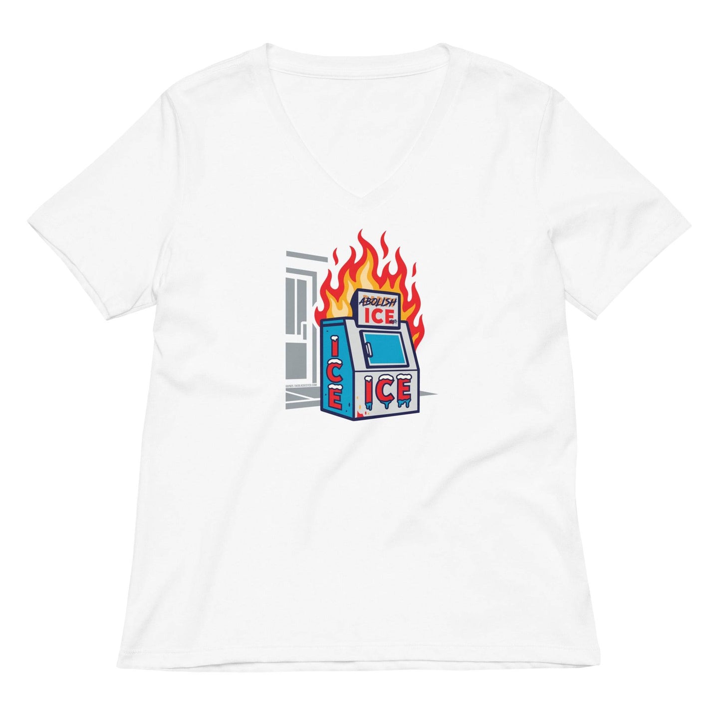 White Abolish ICE Women’s V-neck T-Shirt with colorful protest graphic, women’s statement tee supporting social justice and reform.