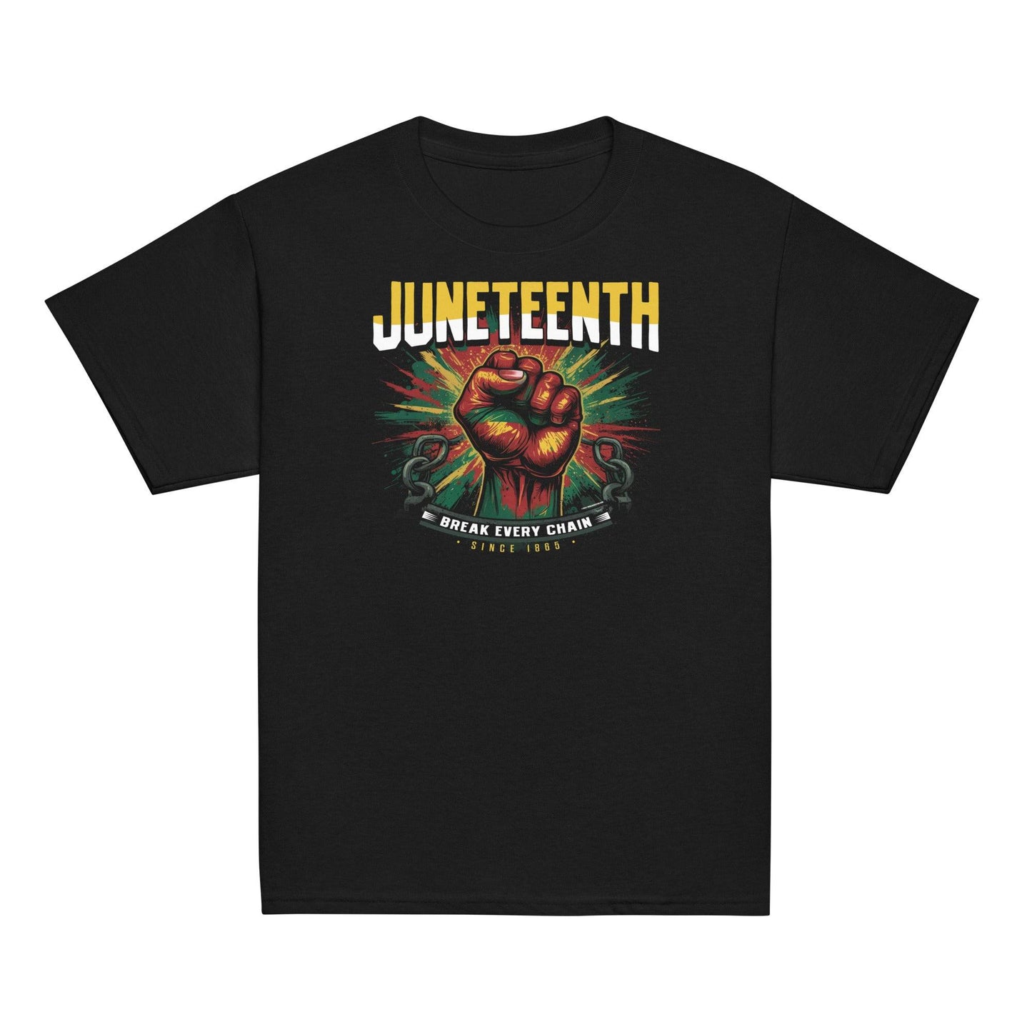 Black Juneteenth Break Every Chain unisex tee with fist graphic