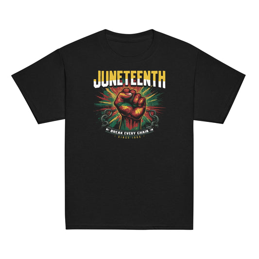 Black Juneteenth Break Every Chain unisex tee with fist graphic