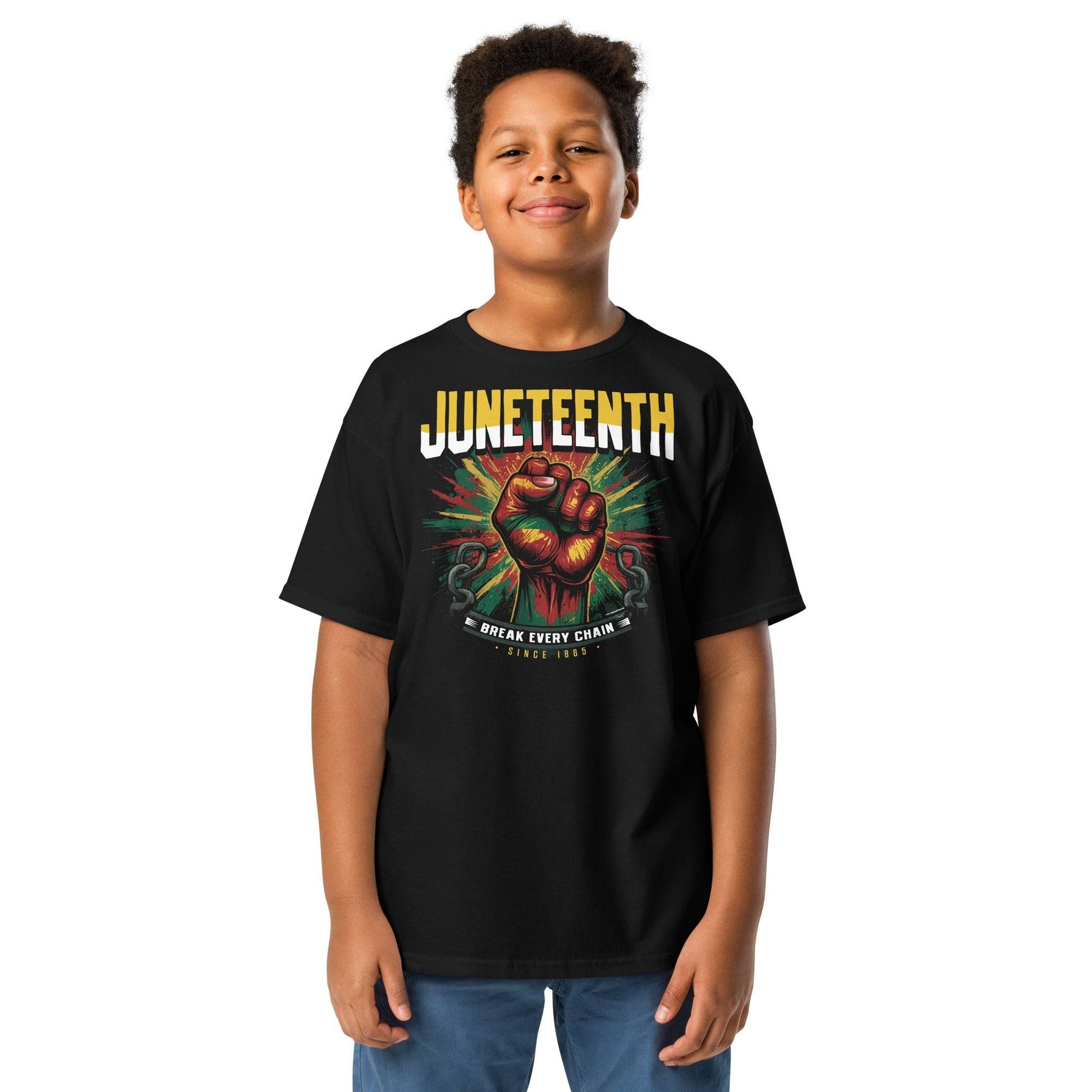 Youth wearing Juneteenth Break Every Chain tee with fist design