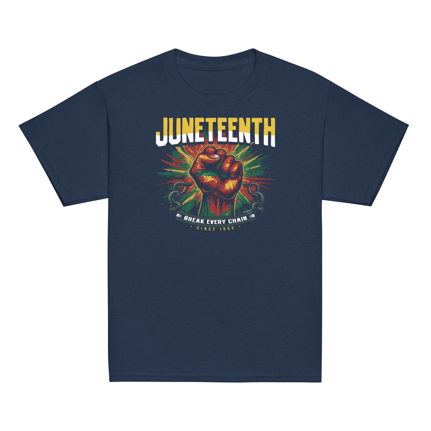 Navy Juneteenth Break Every Chain unisex tee with fist graphic