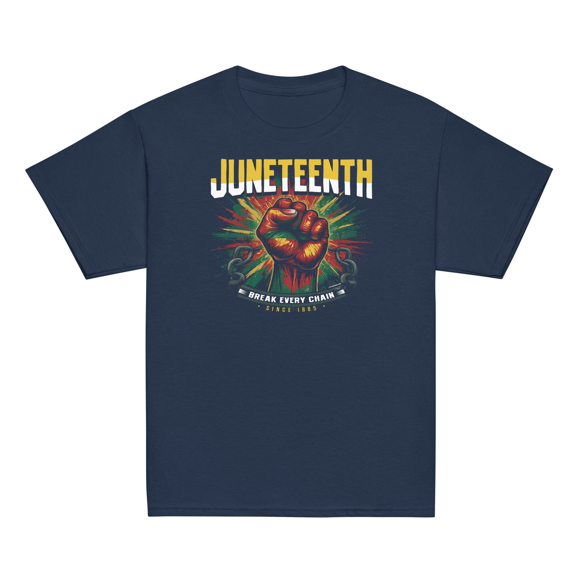 Navy Juneteenth Break Every Chain unisex tee with fist graphic