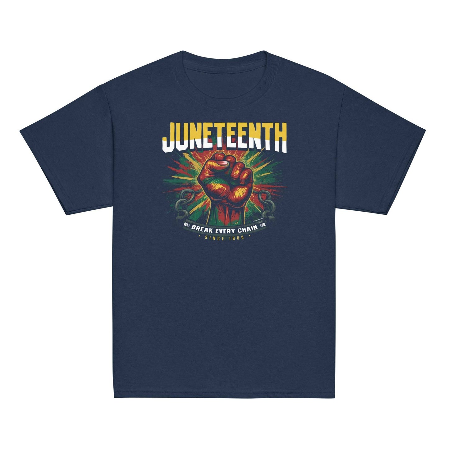 Navy Juneteenth Break Every Chain unisex tee with fist graphic