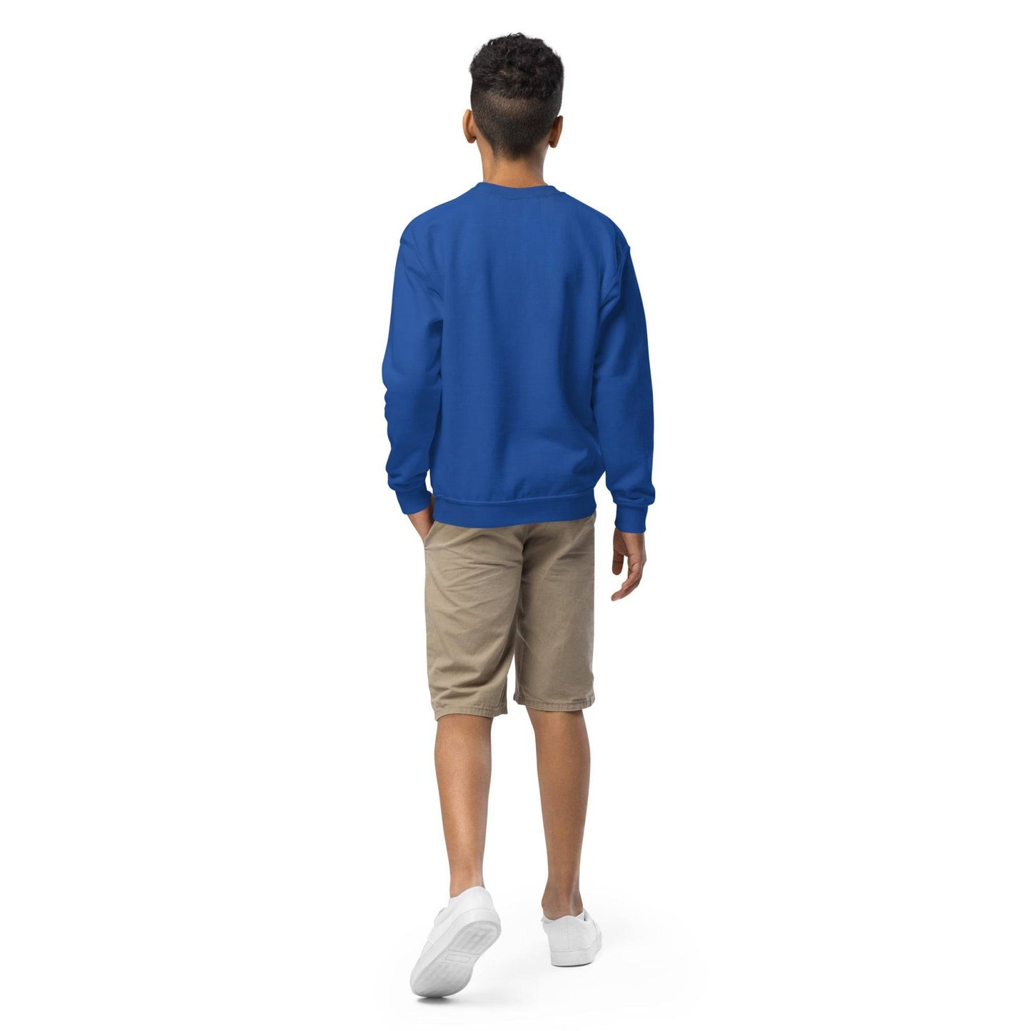 Back view of boy in blue BPP People's Free Food Program Sweatshirt