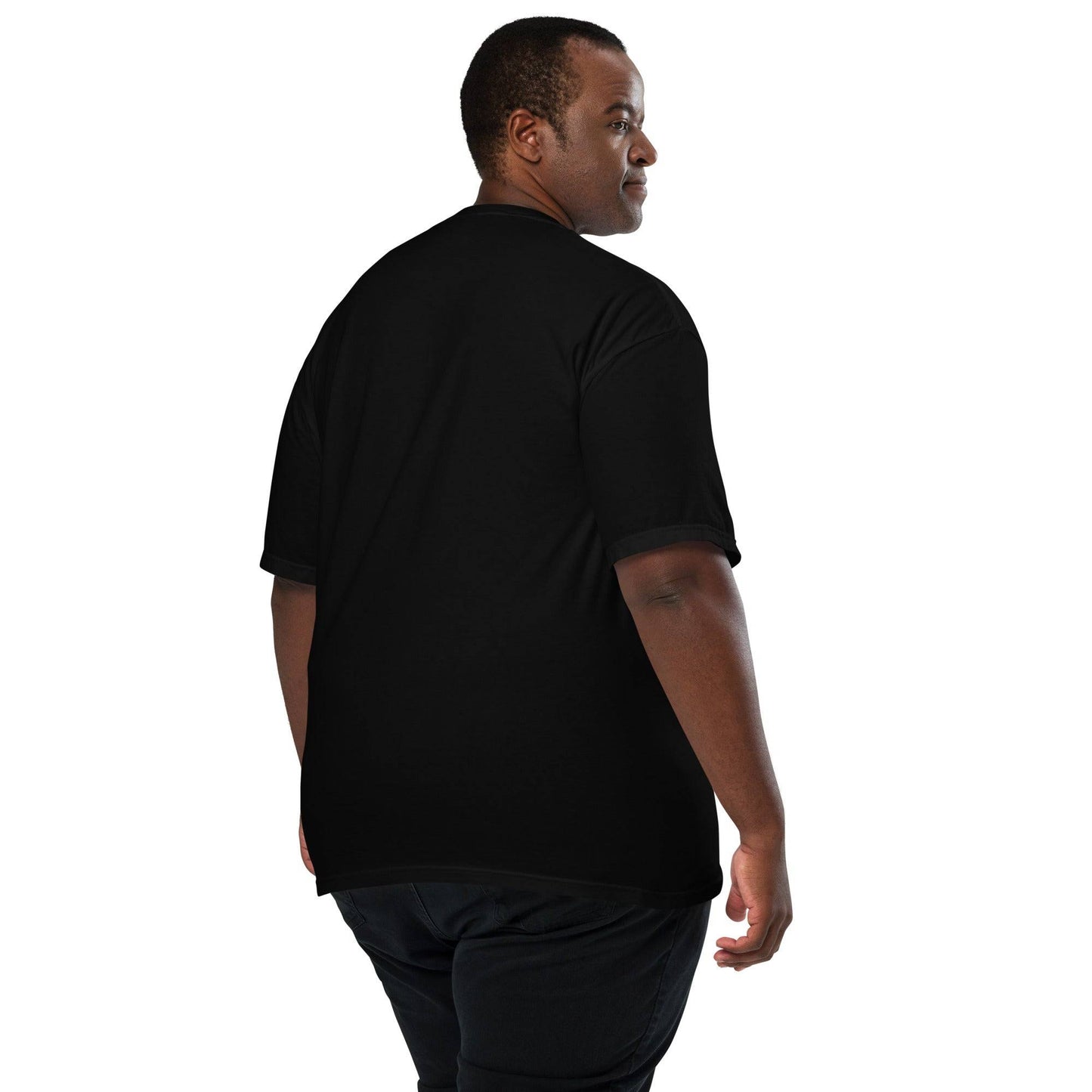 Back view of man in Black Wall Street Seal tee