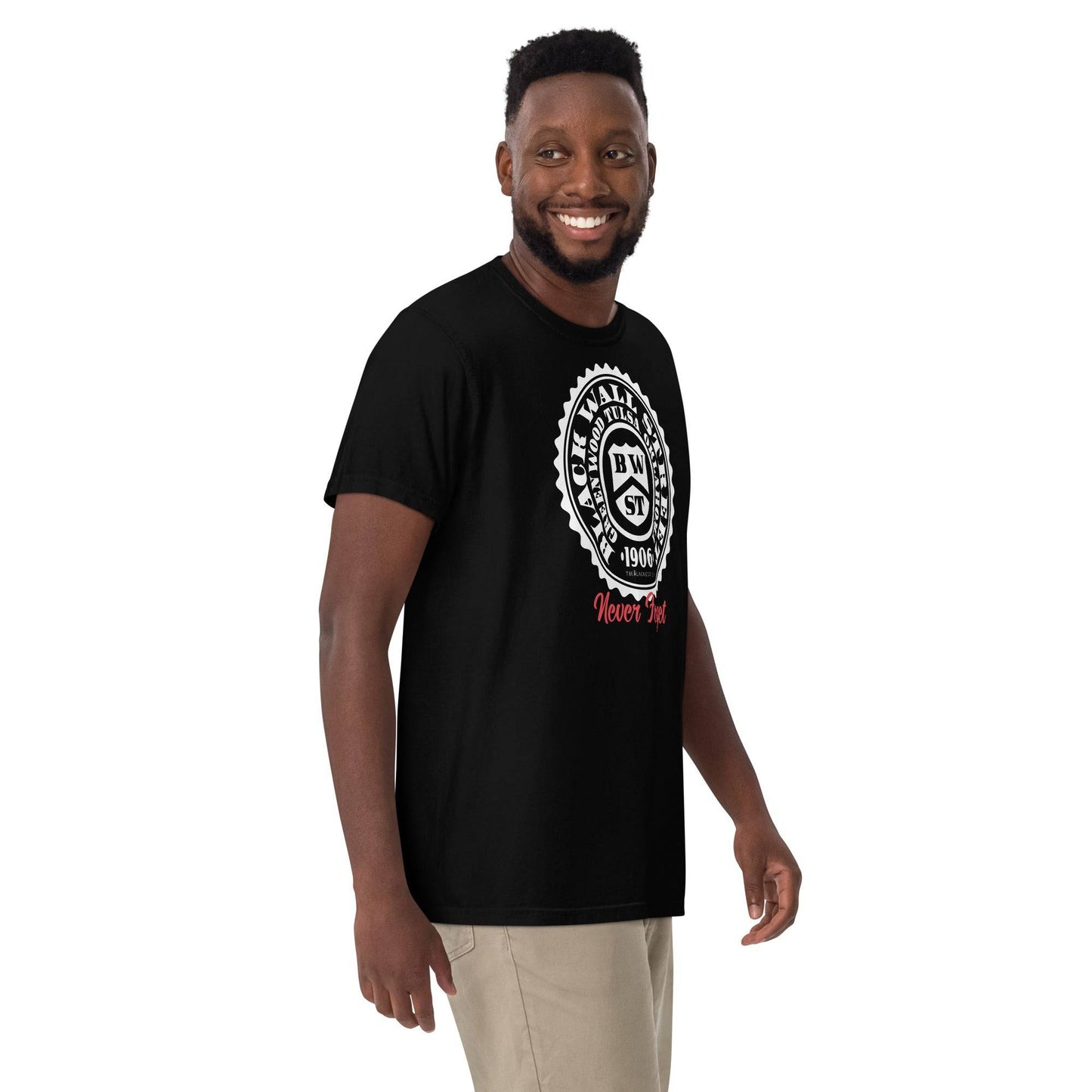 Man wearing Black Wall Street Seal tee in black