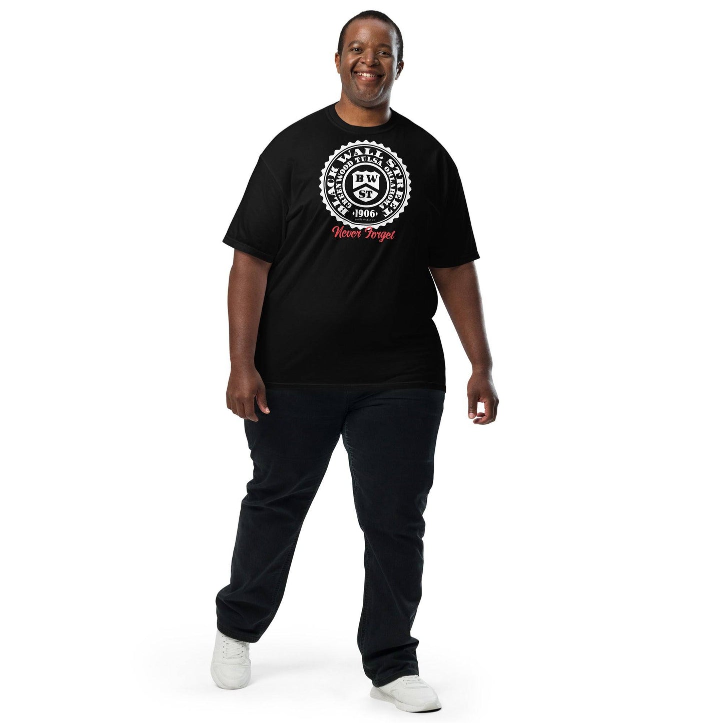 Smiling man in Black Wall Street Seal tee in black