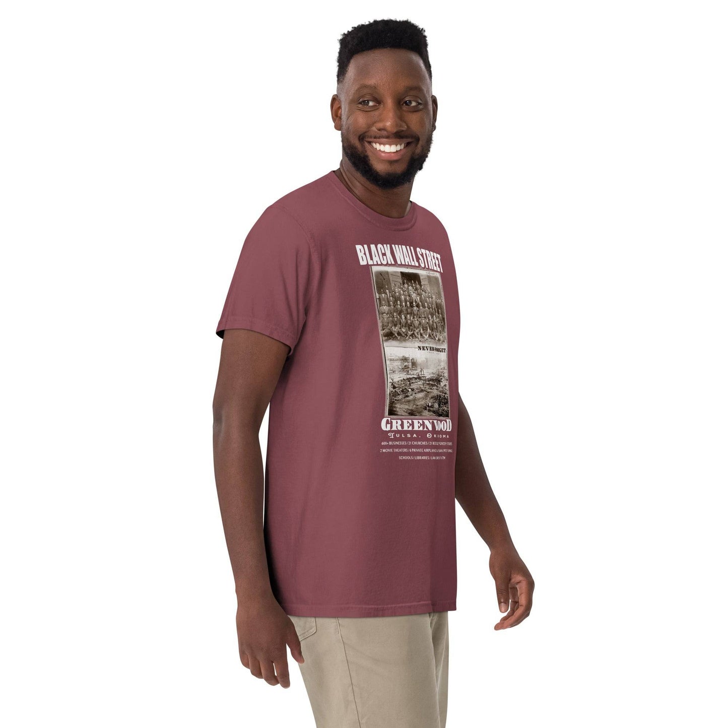 Man wearing Black Wall Street maroon t-shirt