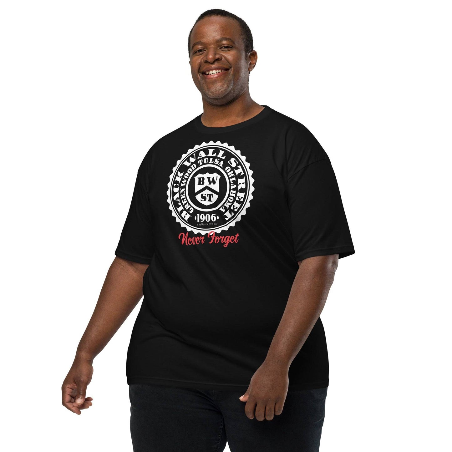Black Wall Street Seal Men's Tee in black, plus-size model