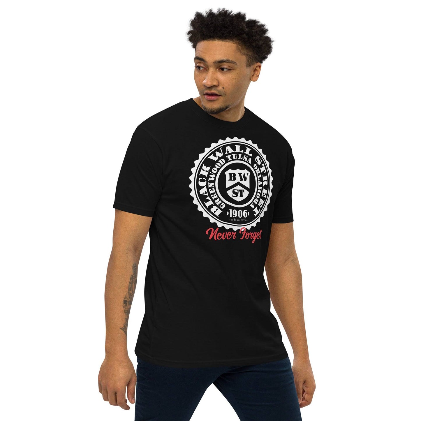 Black Wall Street Seal Men's Tee in black, side view