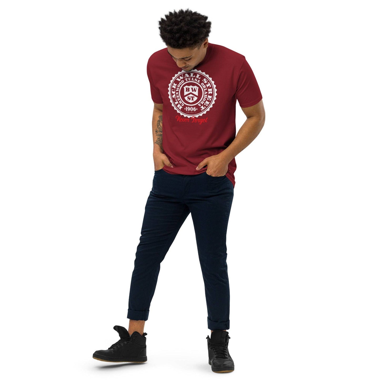 Black Wall Street Seal Men's Tee in red, front view