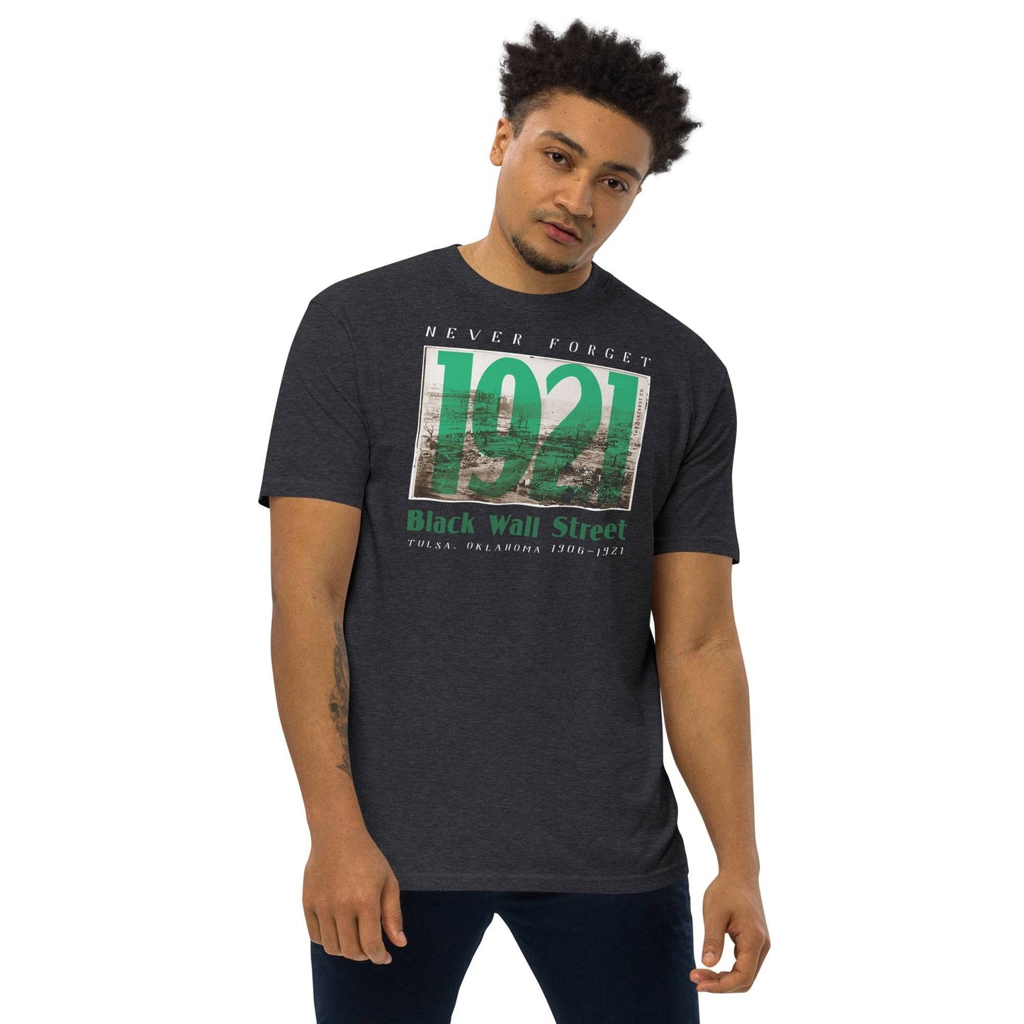 Model wearing 1921 Black Wall Street graphic tee