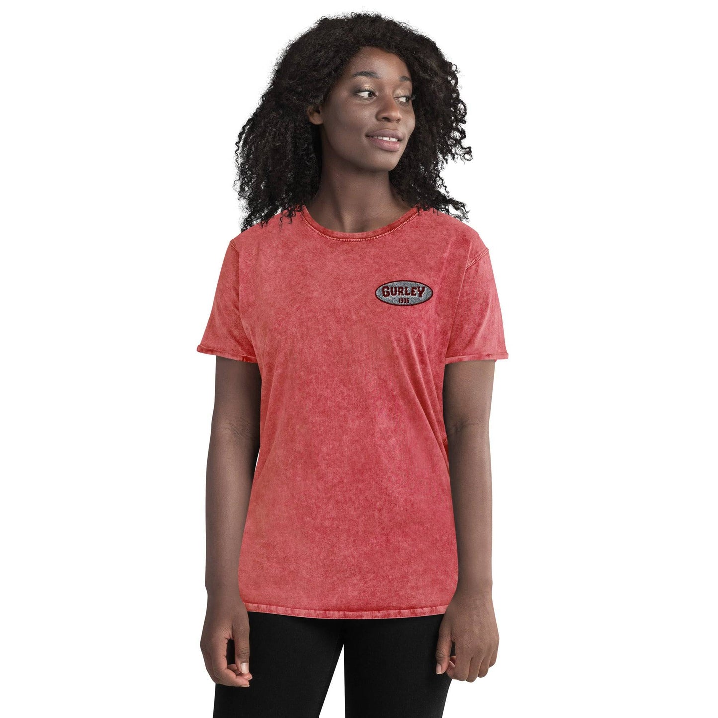 Red O. W. Gurley Embroidery Denim T-Shirt on model