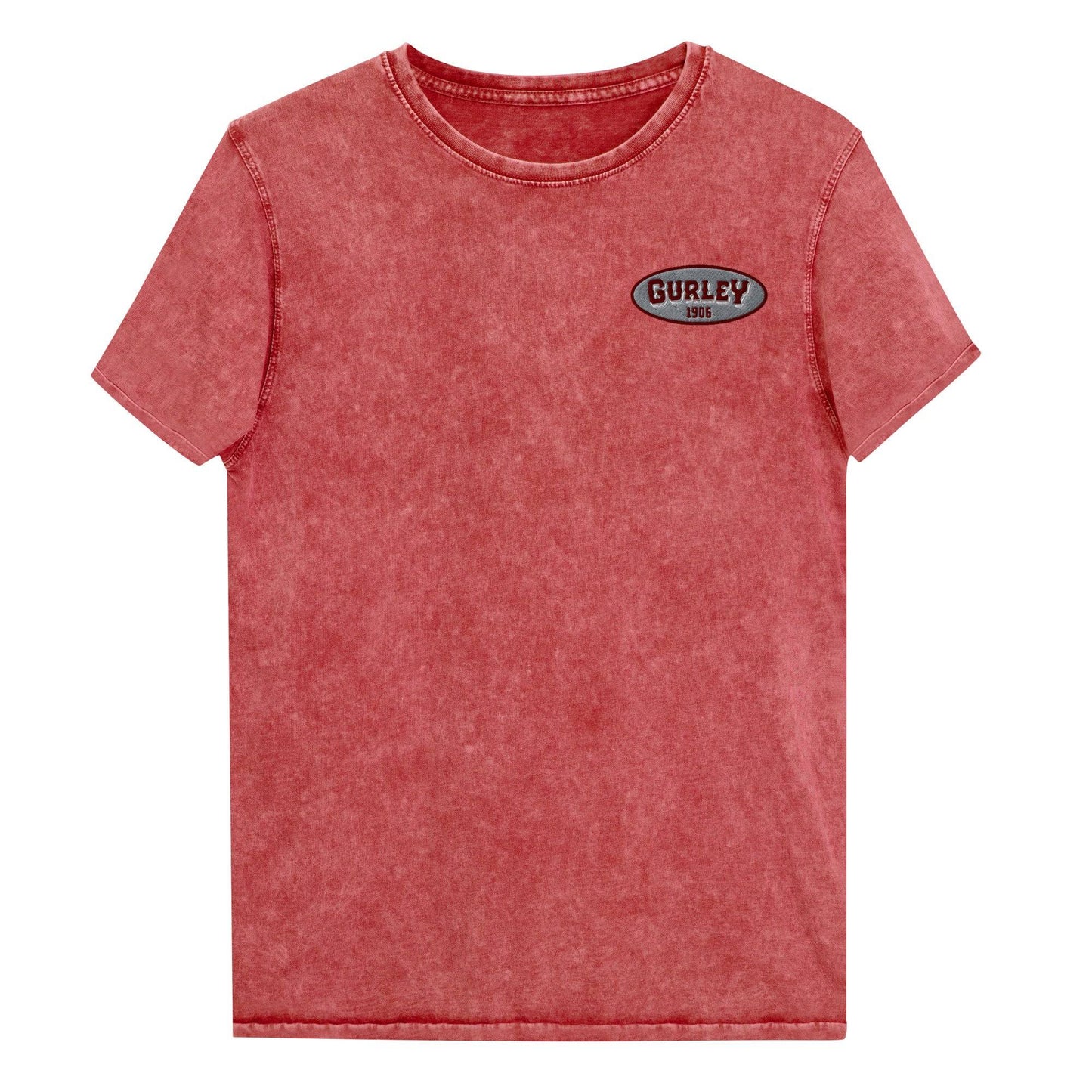 Red O. W. Gurley Embroidery Denim T-Shirt flat lay