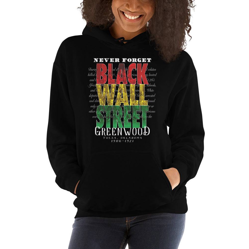 Black Wall Street hoodie worn by model, front view