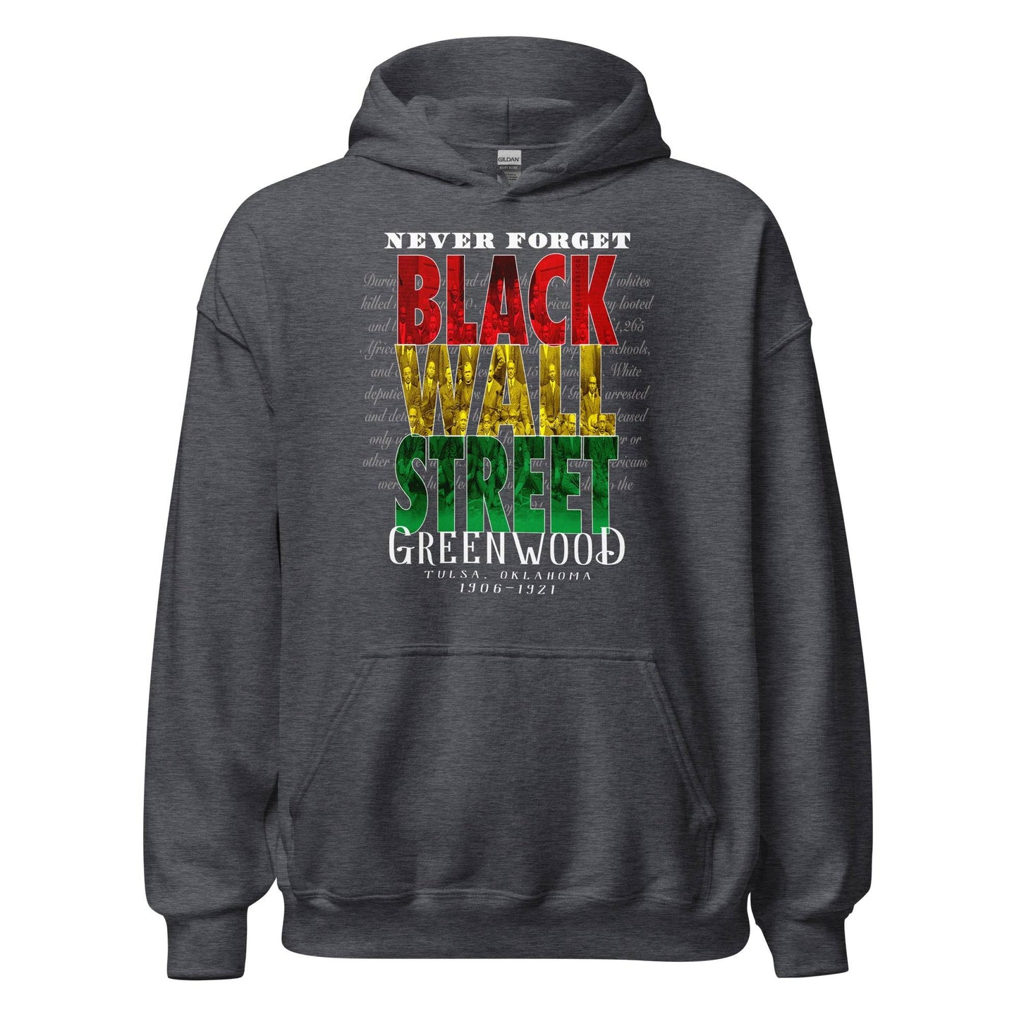 Dark gray Black Wall Street hoodie, flat lay front view