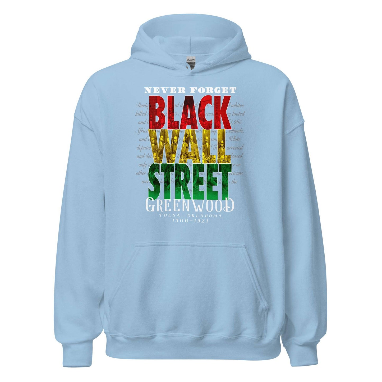 Light blue Black Wall Street hoodie, flat lay front view