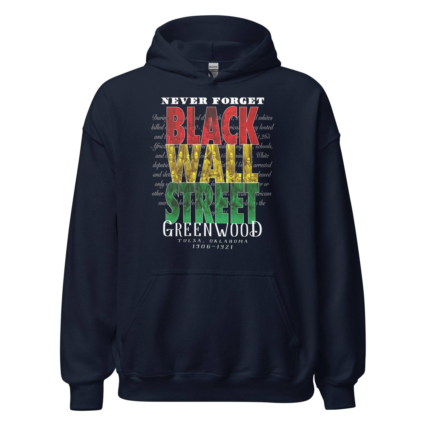 Navy Black Wall Street hoodie, flat lay front view