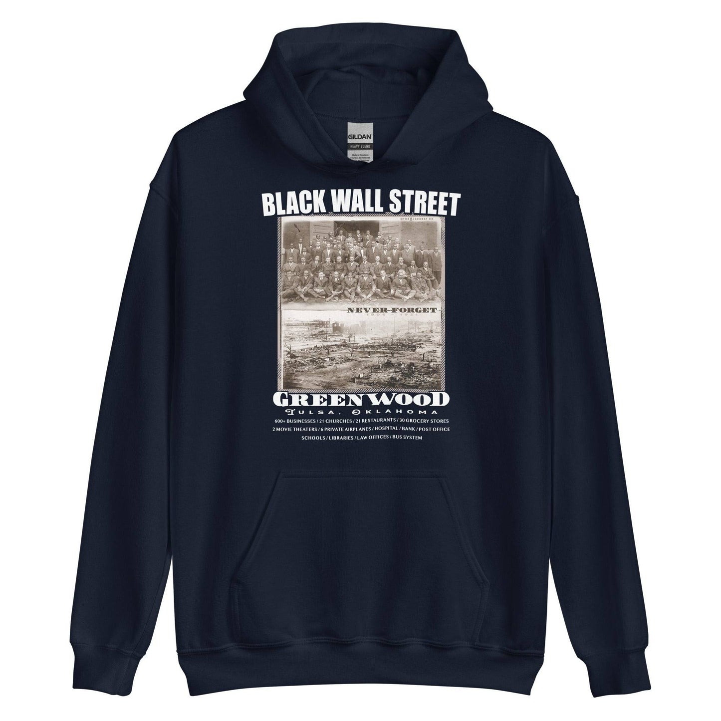 navy pullover hoodie with writing that says Black Wall Street and Greenwood