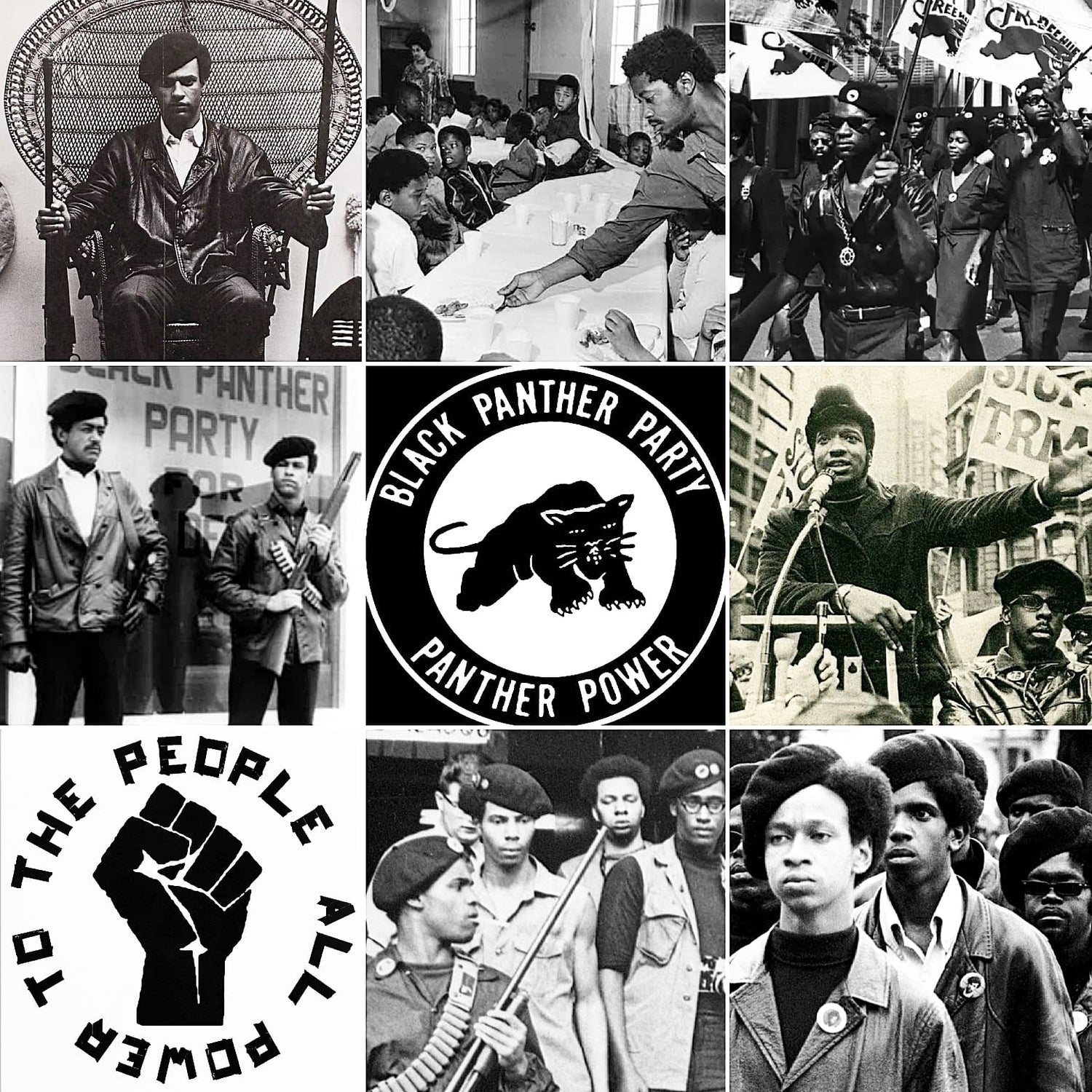 Historic Black Panther Party images showcasing activism and empowerment.