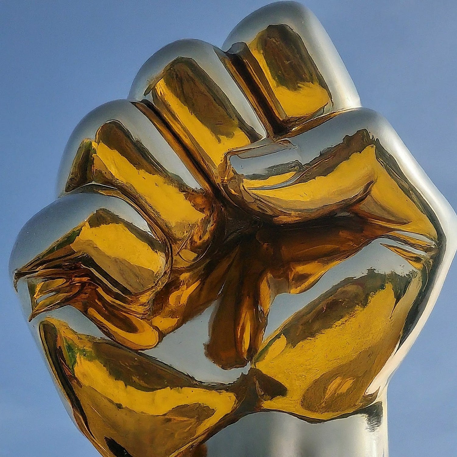 golden colored power fist against a sky blue background
