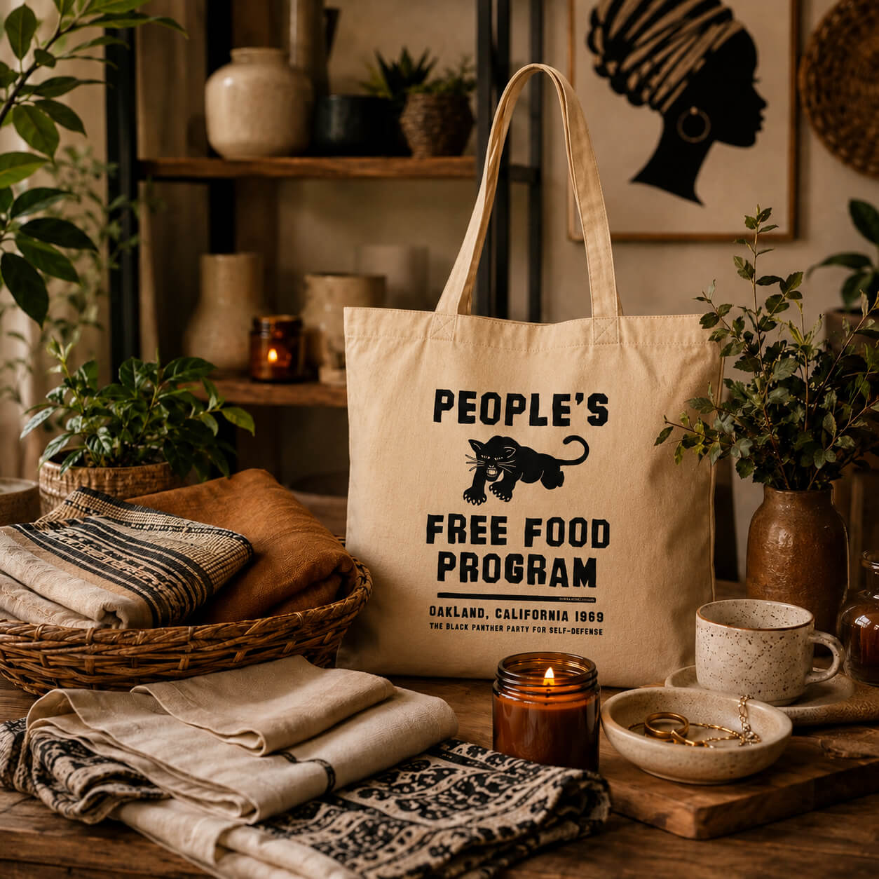 Black history home goods collection featuring a People’s Free Food Program tote bag, candle, woven textiles, ceramics, and earthy decor in a warm rustic setting by TheBlackest Co.