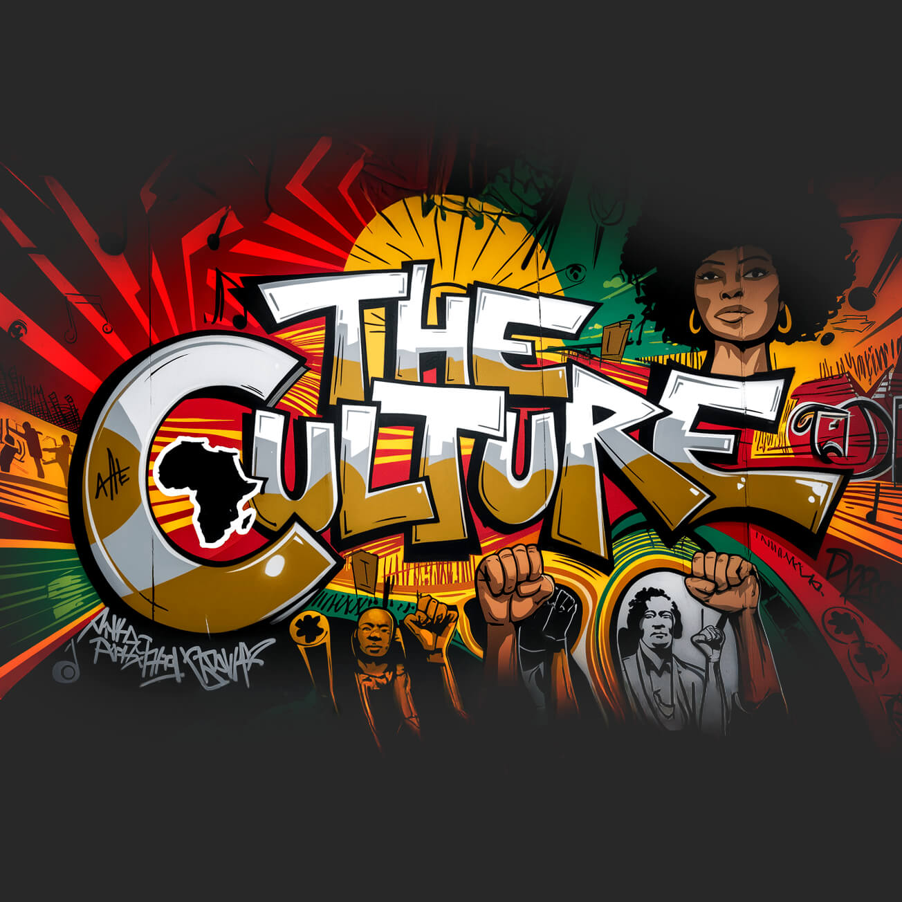 Vibrant graffiti-style artwork featuring 'The Culture' text, African motifs, and powerful Black icons.