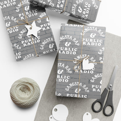 Gangsta Wrap & Public Radio Christmas Gift Wrapping Paper on presents with twine and tags, ideal for music lovers and holiday gift giving.