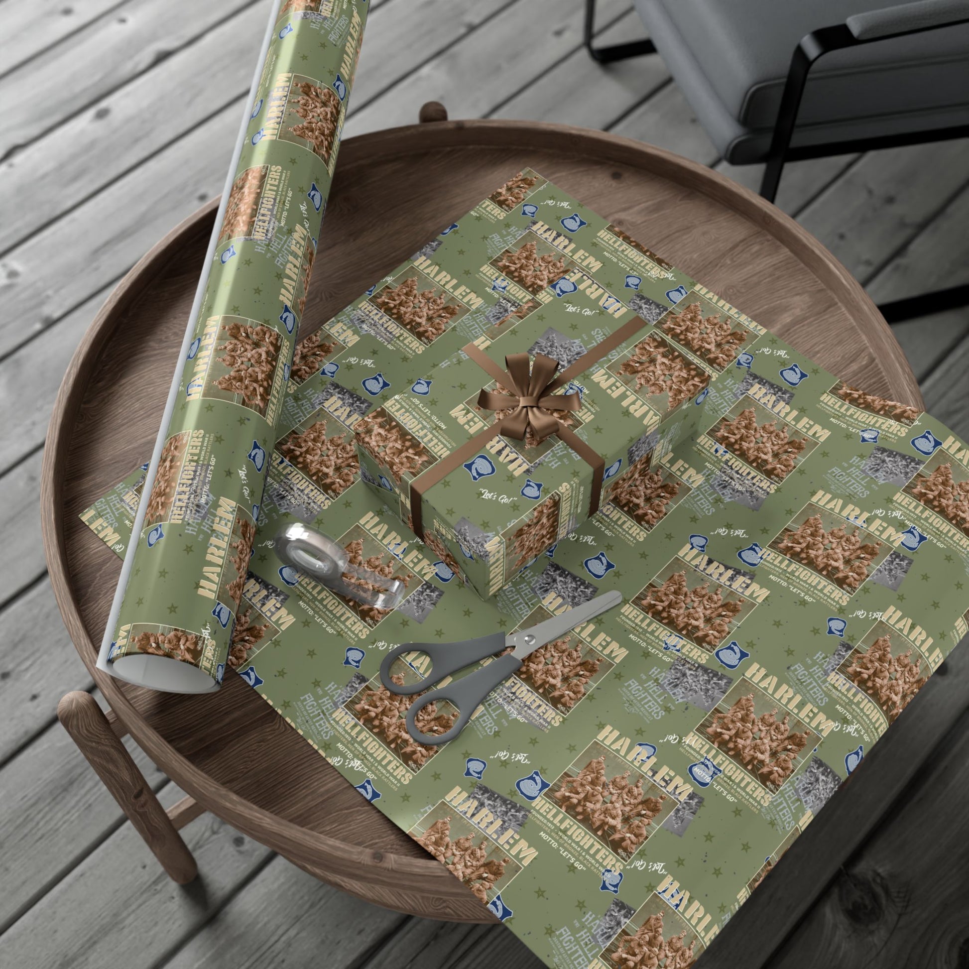 Eco-friendly Harlem Hellfighters Black Soldiers History Wrapping Paper on a wooden table, perfect for heritage-themed gift presentations.