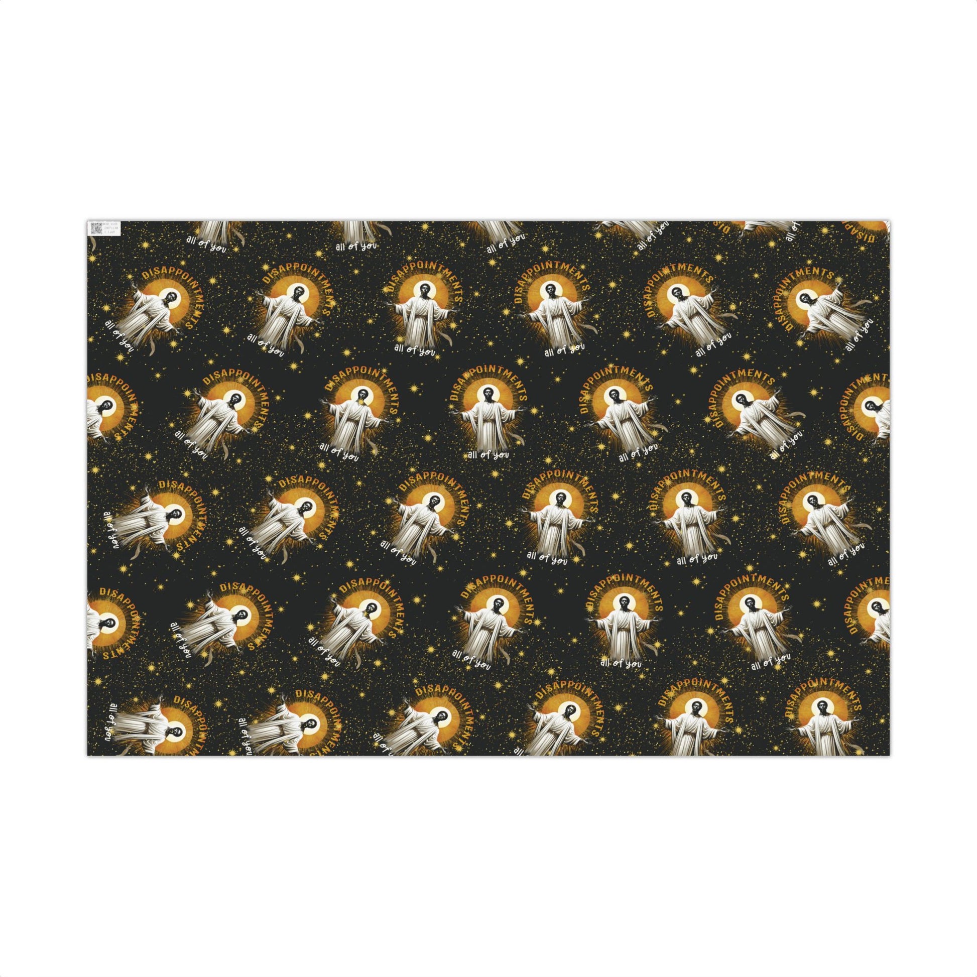 Full sheet of Black Jesus Disappointments All Of You Christmas Gift Wrap with repeating design, ideal for humorous and stylish seasonal wrapping.