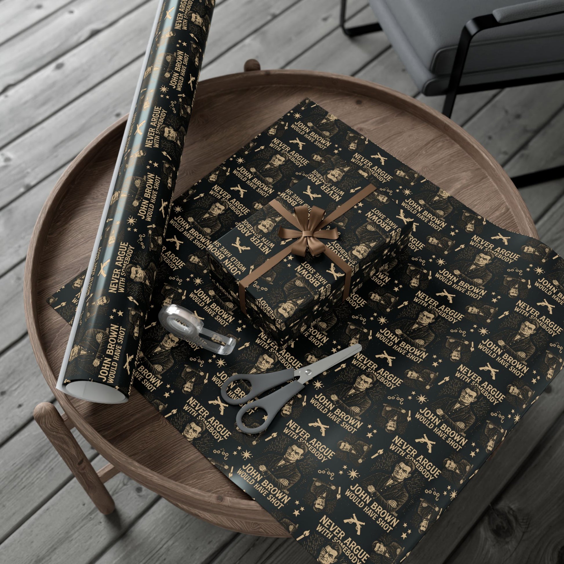 Eco-friendly John Brown History Wrapping Paper roll and wrapped gift on table, showcasing bold abolitionist design for Christmas gift giving.