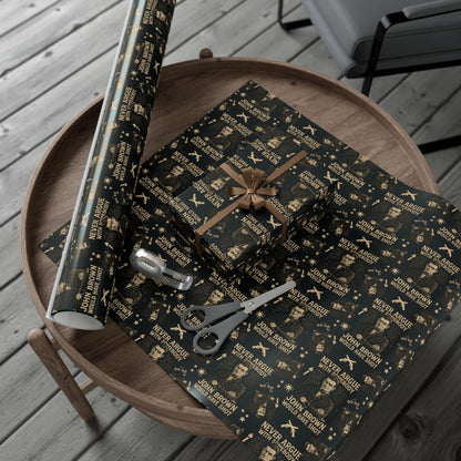 Eco-friendly John Brown History Wrapping Paper roll and wrapped gift on table, showcasing bold abolitionist design for Christmas gift giving.