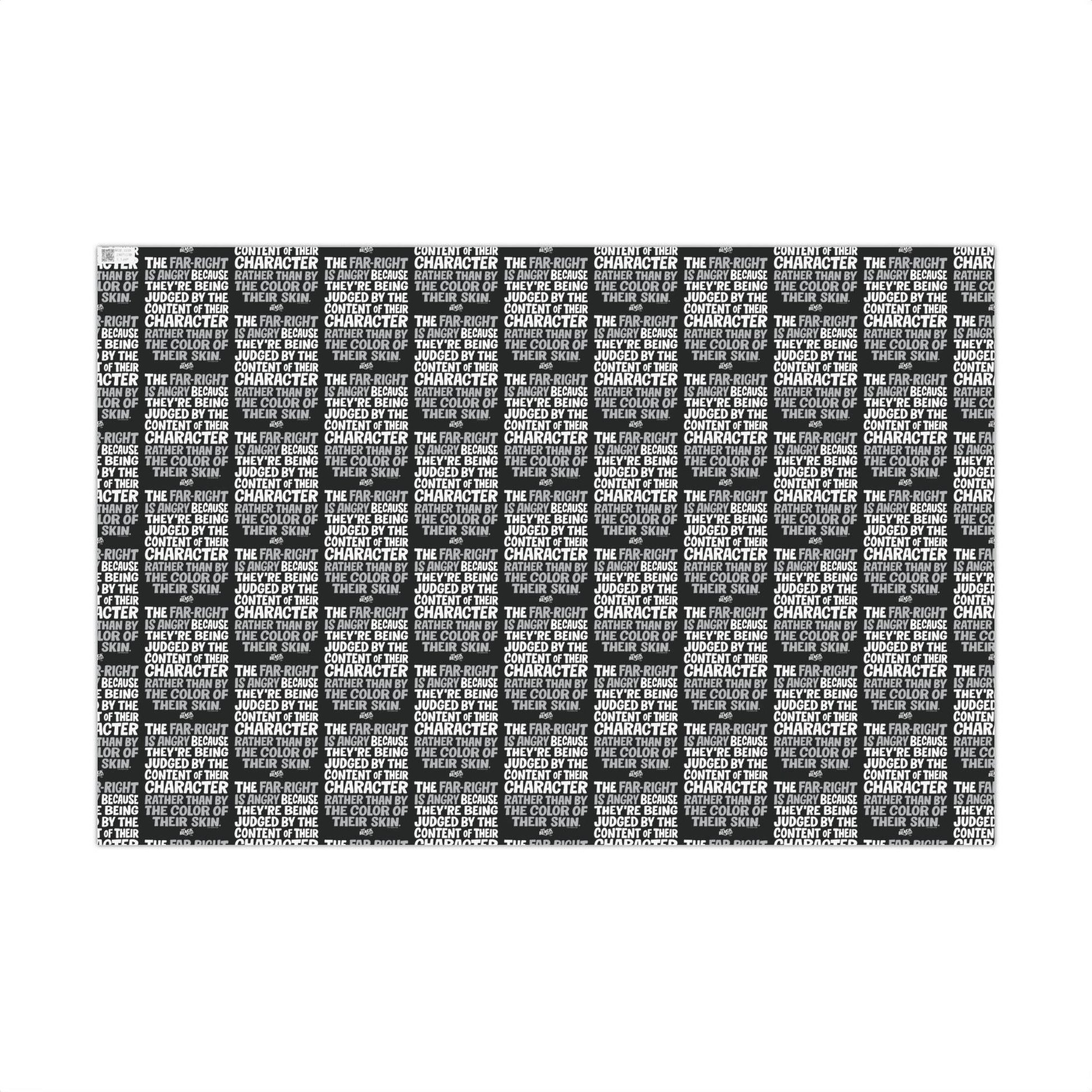 Bold black and white Why The Far Right Is Angry Christmas Gift Wrapping Paper featuring repeated civil rights quote pattern. Matte satin finish for statement holiday gift wrap.