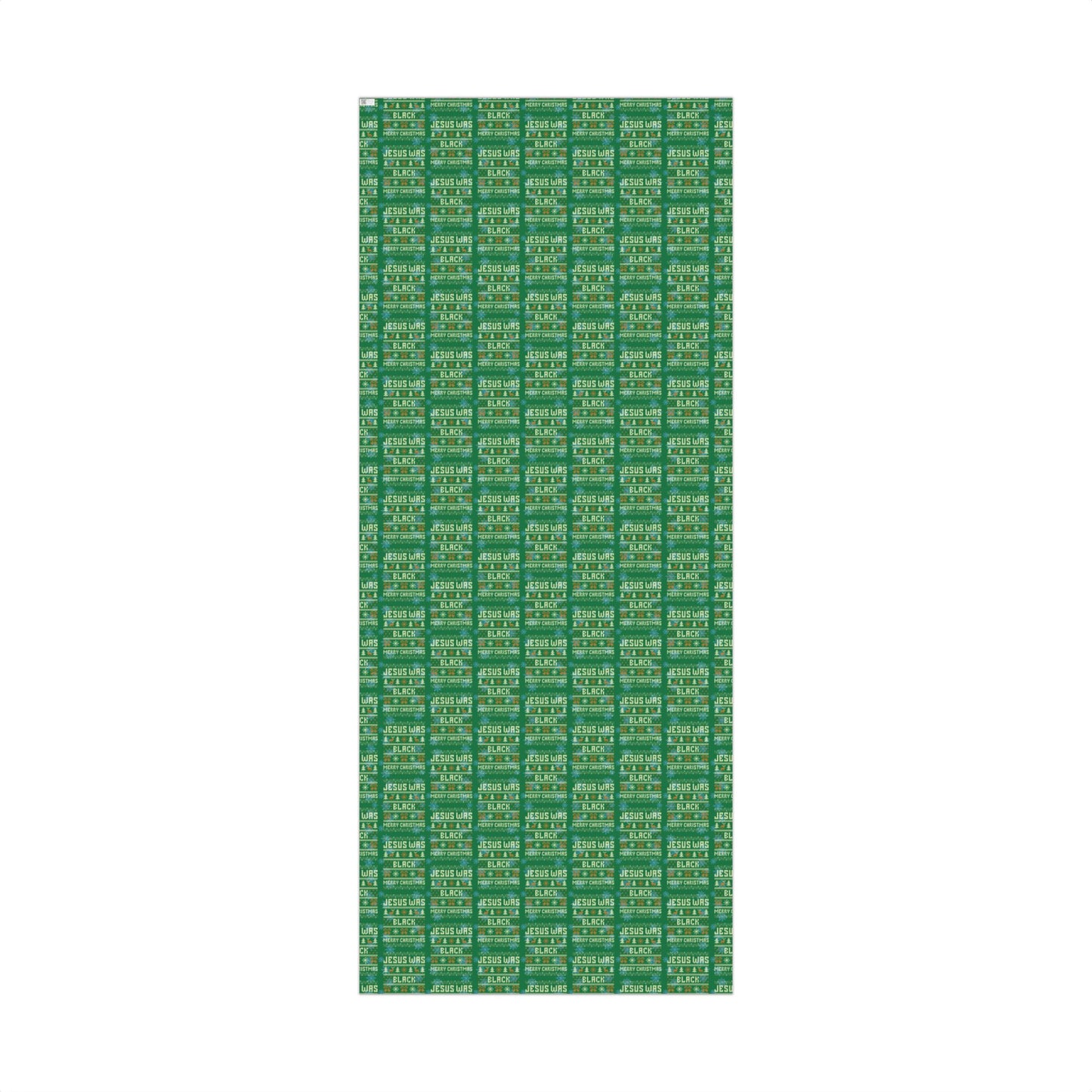 Full sheet of Jesus Was Black Merry Christmas green wrapping paper with repeating pattern, perfect for festive and meaningful gift wrapping.