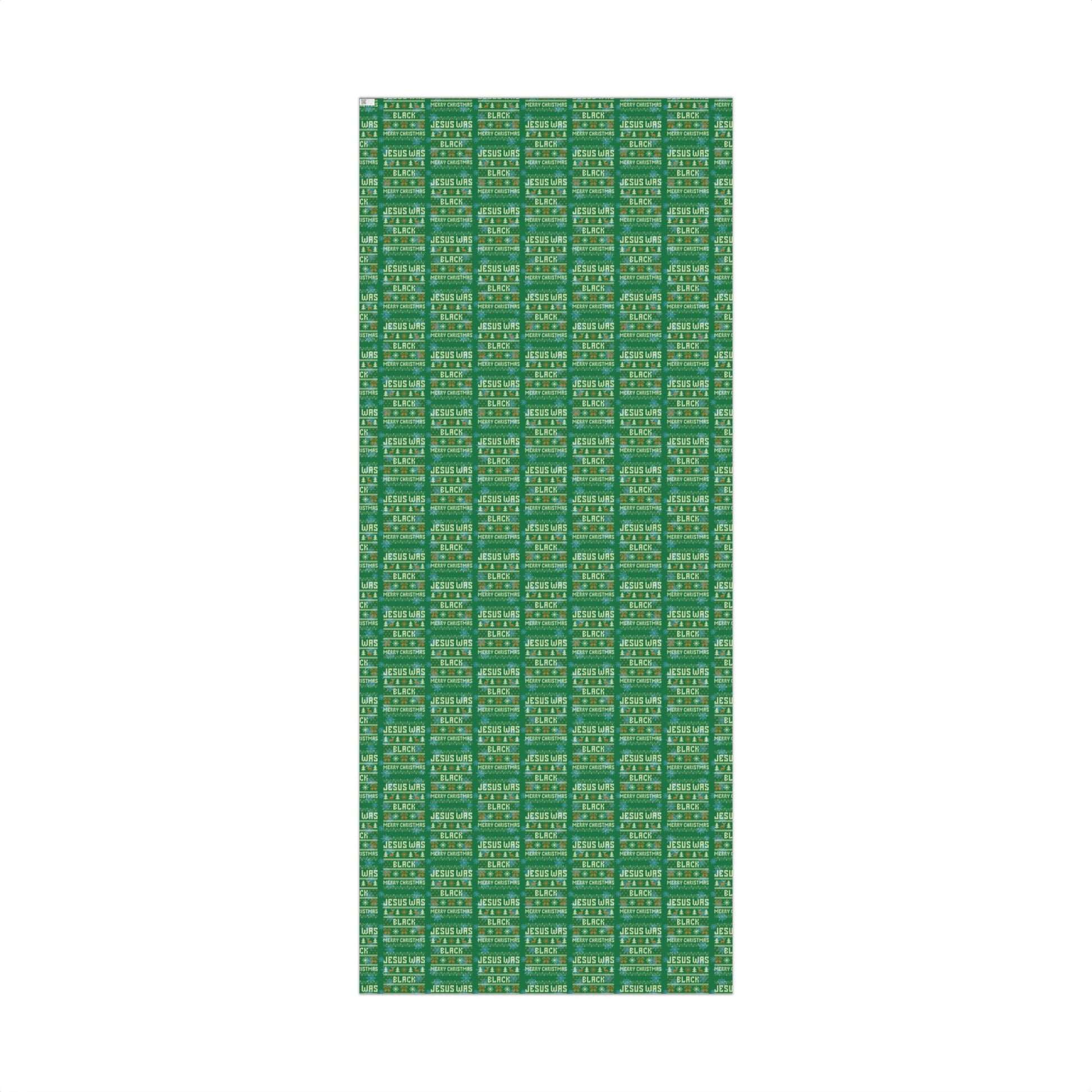 Full sheet of Jesus Was Black Merry Christmas green wrapping paper with repeating pattern, perfect for festive and meaningful gift wrapping.