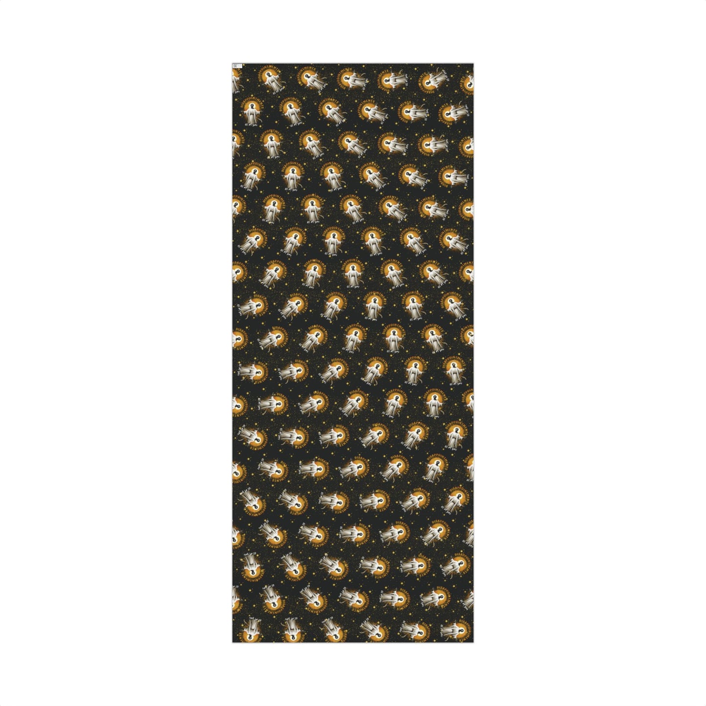Unrolled sheet of Black Jesus Disappointments All Of You Christmas Gift Wrap with repeating celestial design, perfect for holiday gift wrapping.