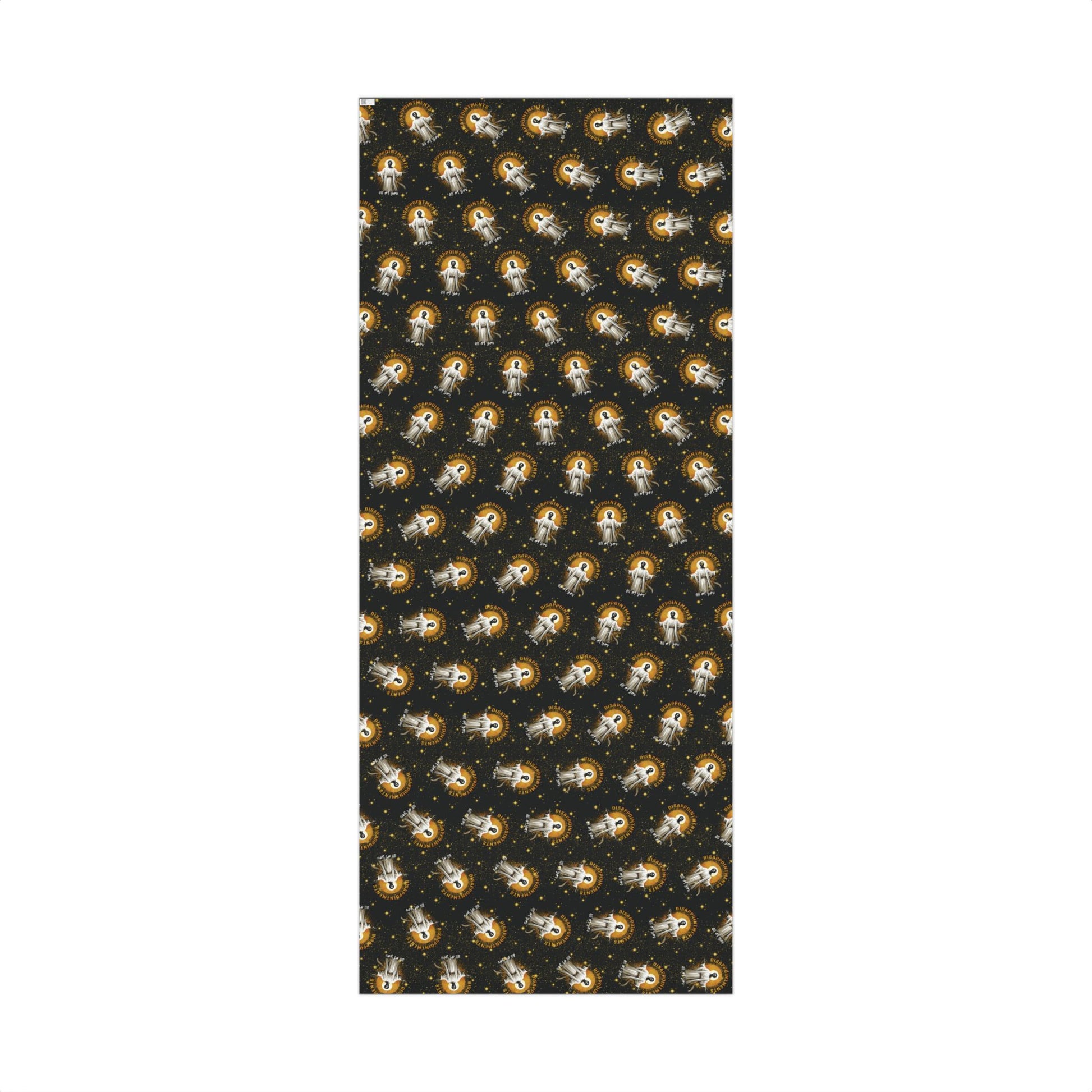 Unrolled sheet of Black Jesus Disappointments All Of You Christmas Gift Wrap with repeating celestial design, perfect for holiday gift wrapping.