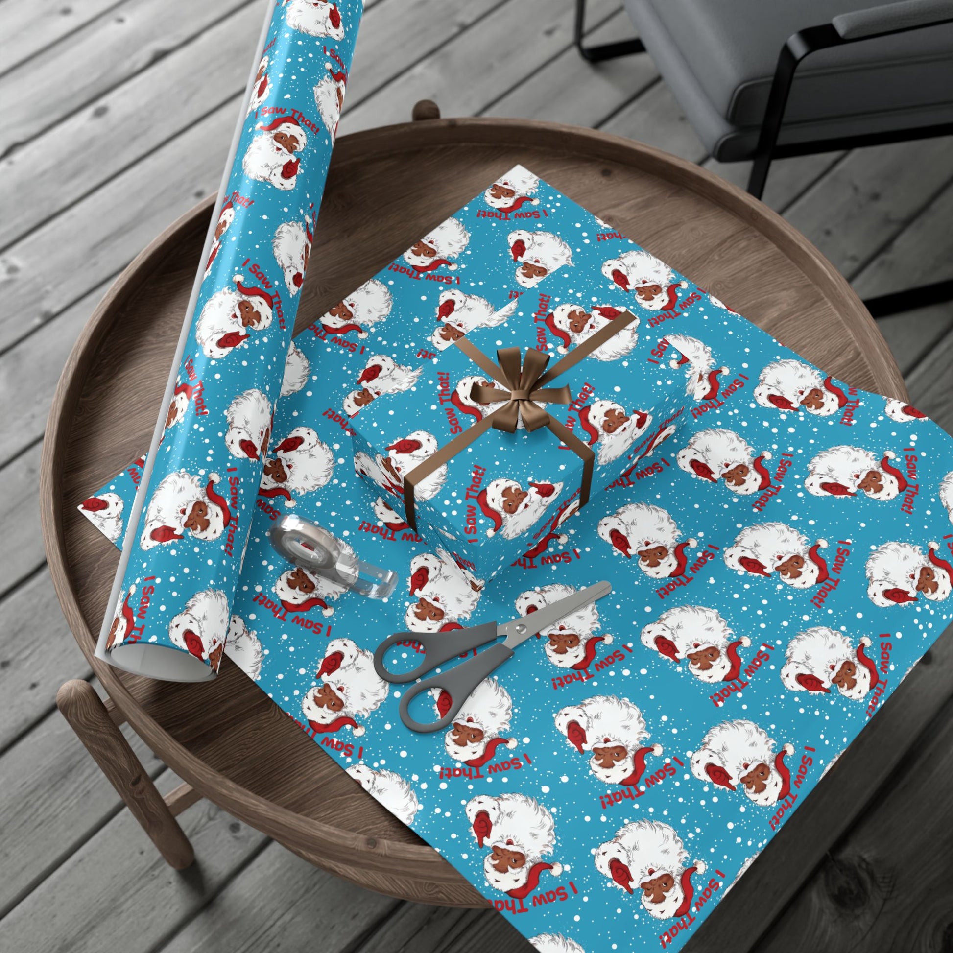 Eco-friendly Black Santa 'I Saw That!' wrapping paper with bold holiday graphics, ideal for stylish Christmas gift presentation.