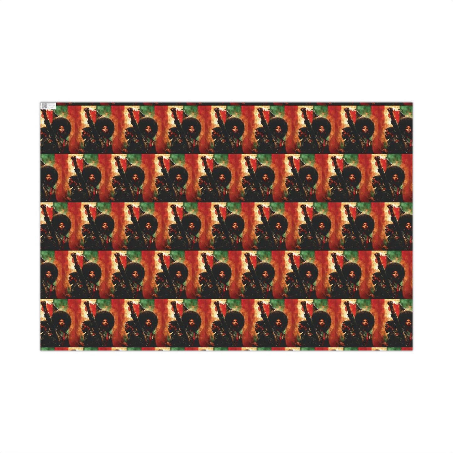 Flat sheet of Standing Strong Together PanAfrican Christmas Wrapping Paper showing repeating Black couple design with raised fists in Afrocentric colors.