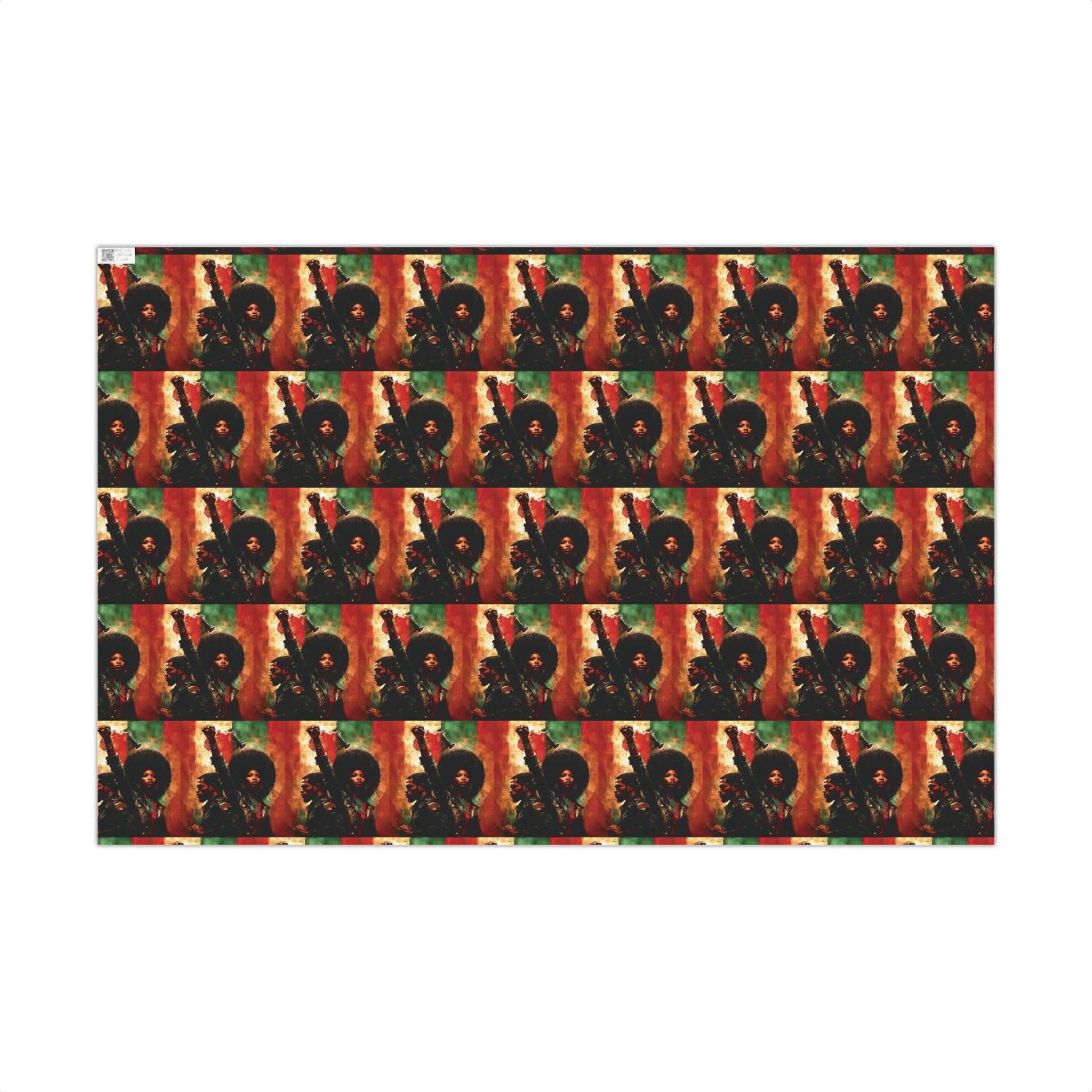 Flat sheet of Standing Strong Together PanAfrican Christmas Wrapping Paper showing repeating Black couple design with raised fists in Afrocentric colors.