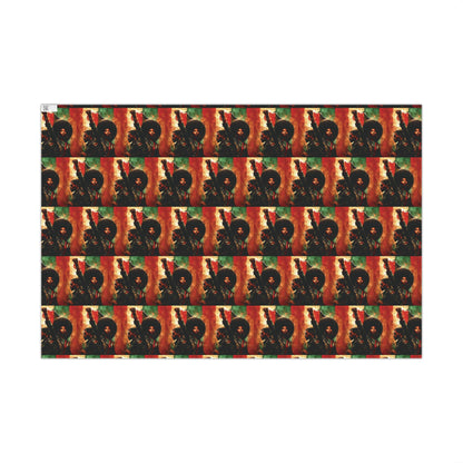 Flat sheet of Standing Strong Together PanAfrican Christmas Wrapping Paper showing repeating Black couple design with raised fists in Afrocentric colors.