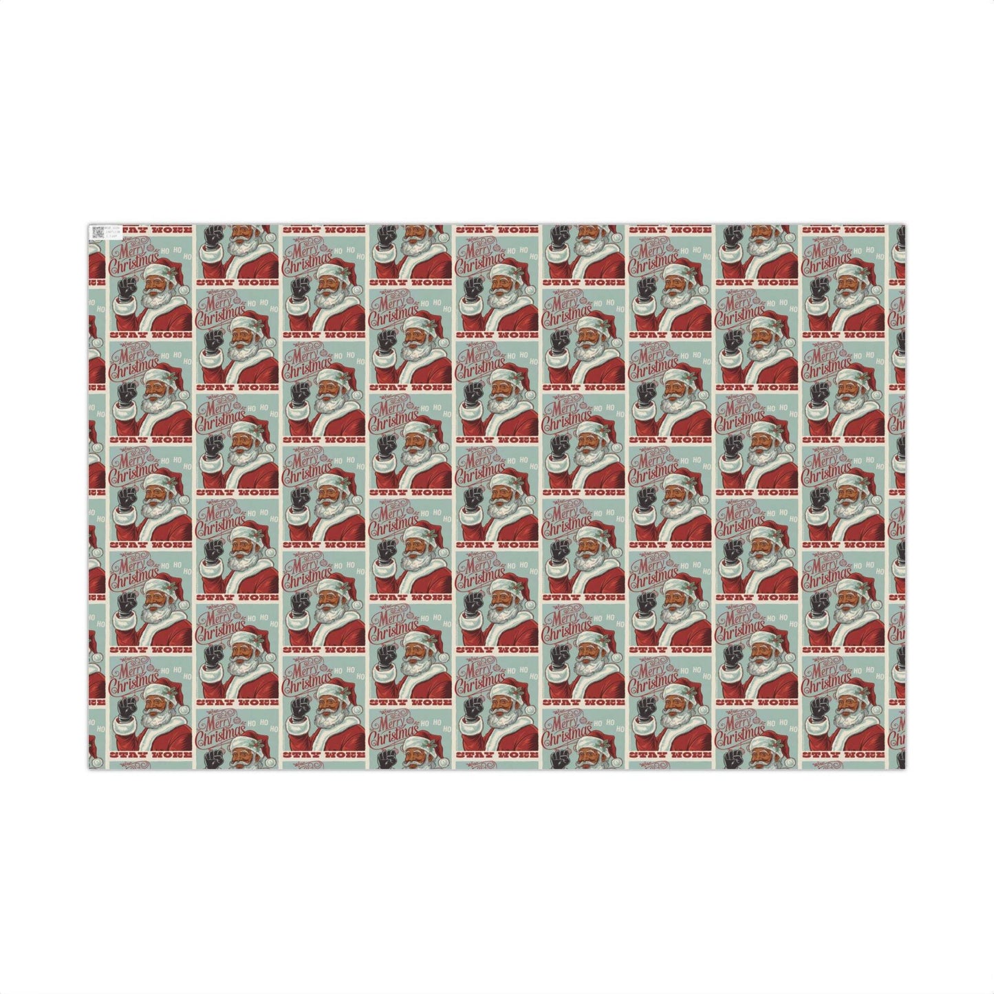 Black Santa Stay Woke Christmas Gift Wrapping Paper featuring a repeating vintage-style design with Santa and 'Stay Woke' message. Ideal for festive, culturally inspired gift wrapping.